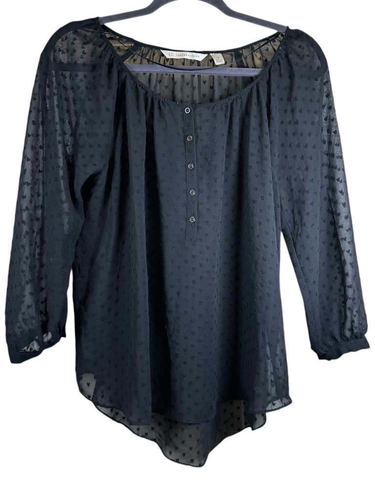 Lc Lauren Conrad Black Sheer Heart Textured Chiffon Blouse S Coquette Soft Goth